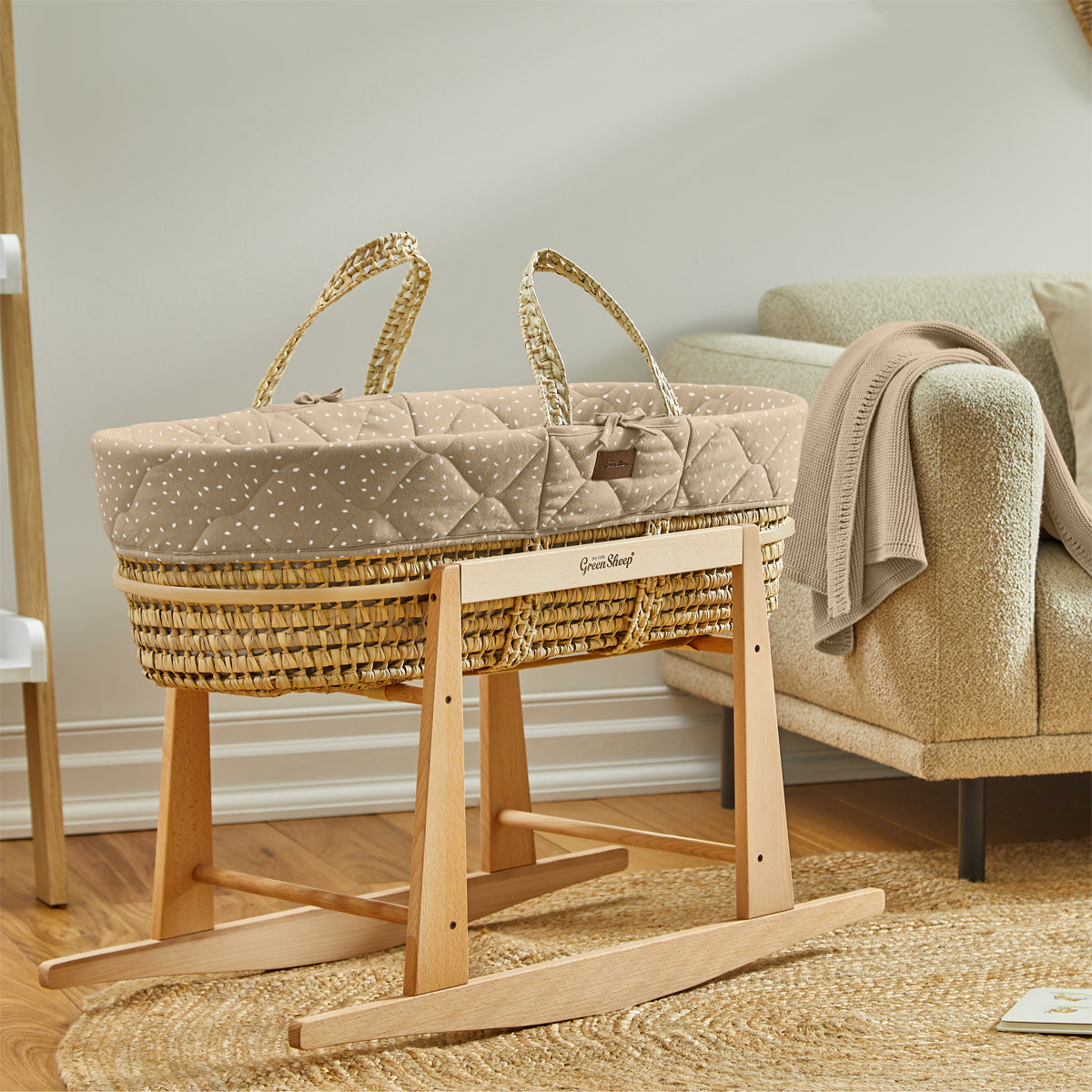 The Little Green Sheep Natural Quilted Moses Basket, Mattress & Stand- Truffle Rice