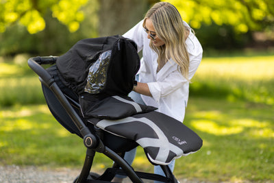 Lady looking into stroller with BlinkyWarm in Space