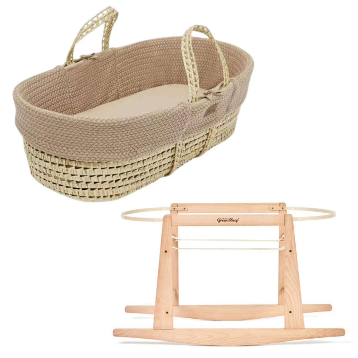 The Little Green Sheep Cable Wheat Knit Moses Basket, Mattress + Stand- Truffle