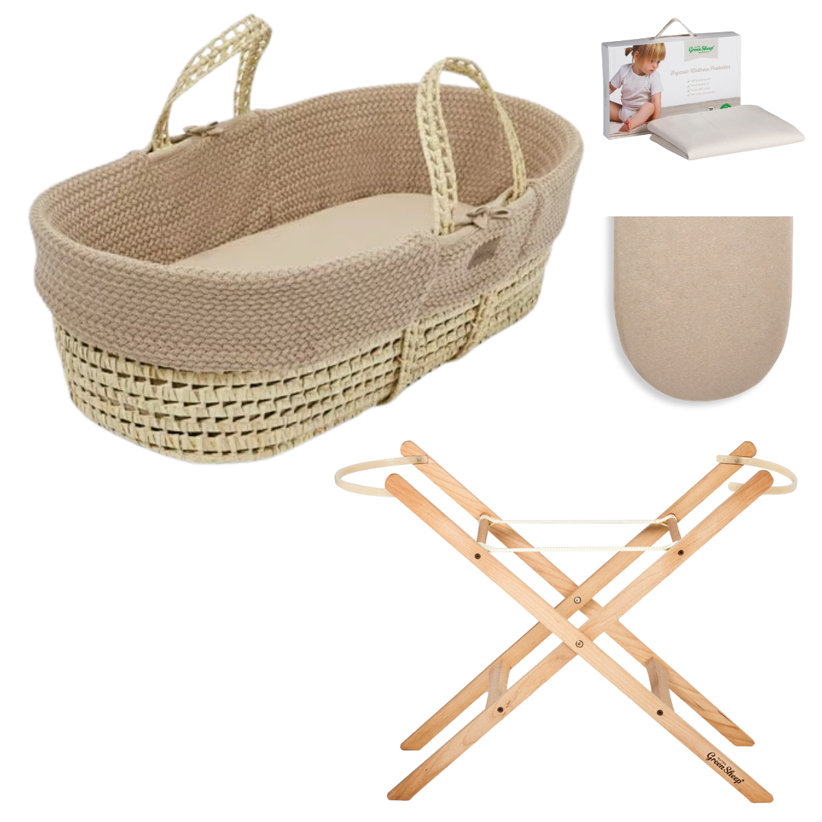 The Little Green Sheep Cable Wheat Knit Moses Basket Essential Bundle- Truffle