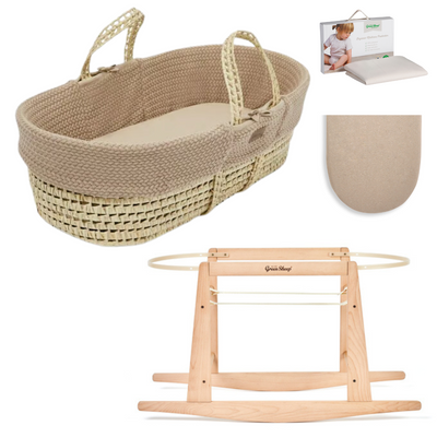 The Little Green Sheep Cable Wheat Knit Moses Basket Essential Bundle- Truffle