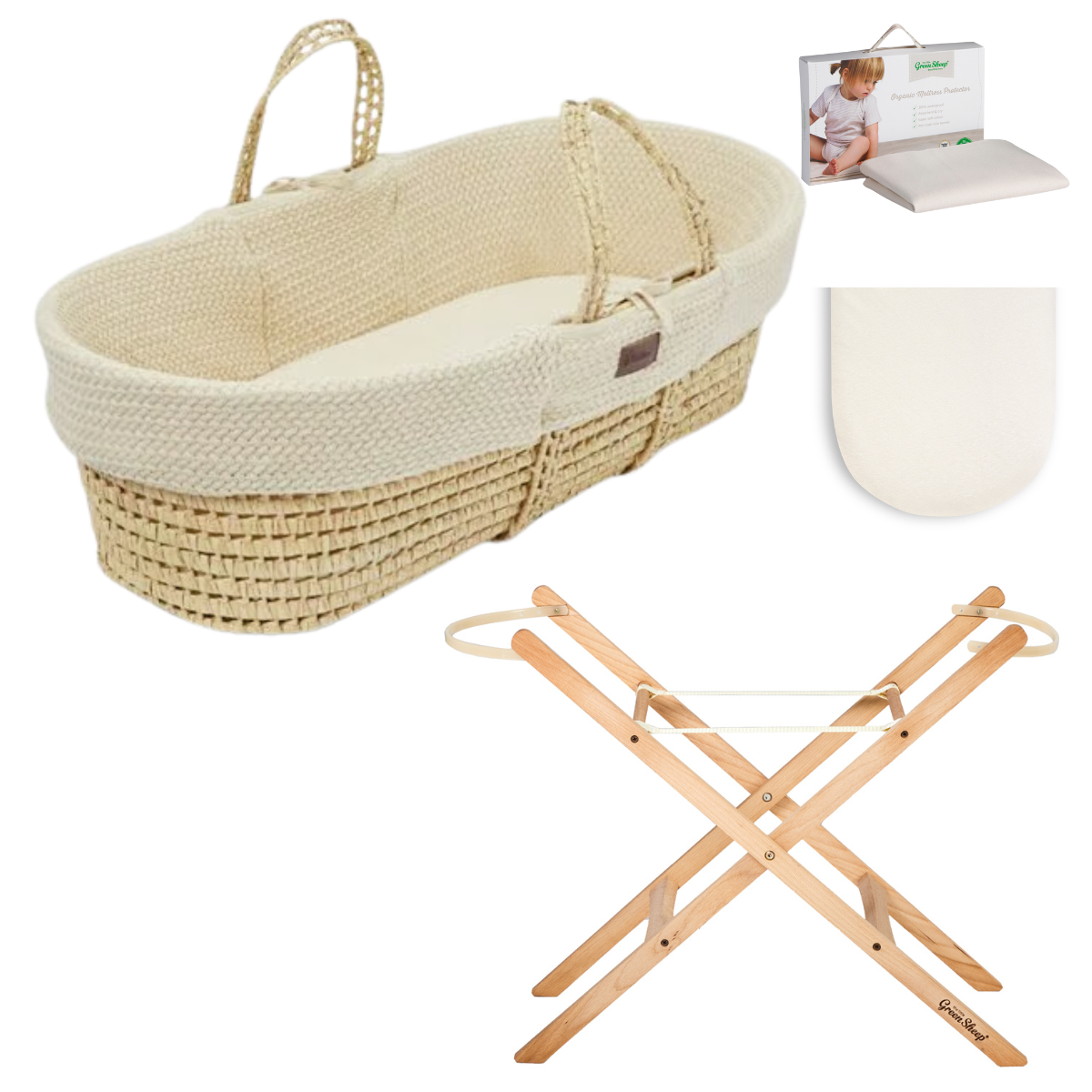 The Little Green Sheep Cable Wheat Knit Moses Basket Essential Bundle- Linen