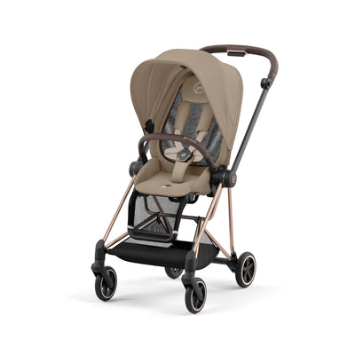 Cybex Mios Cozy Beige with mesh summer backing on the seat unit with the rose gold frame 