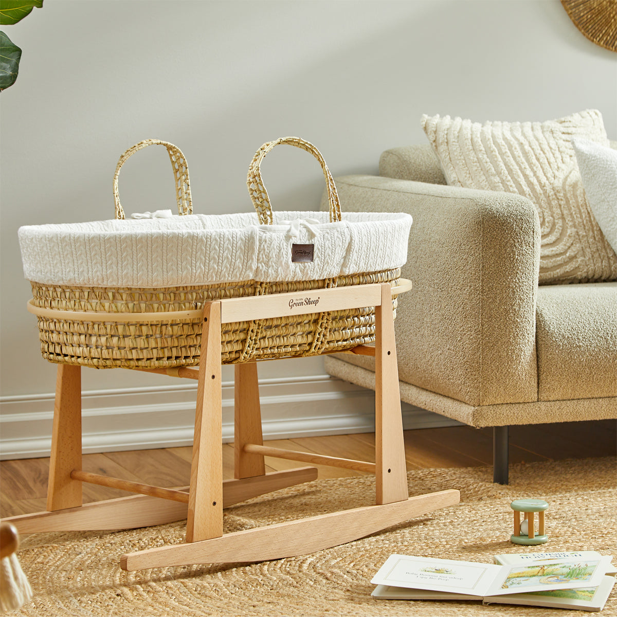 The Little Green Sheep Natural Knitted Moses Basket, Mattress & Stand- White
