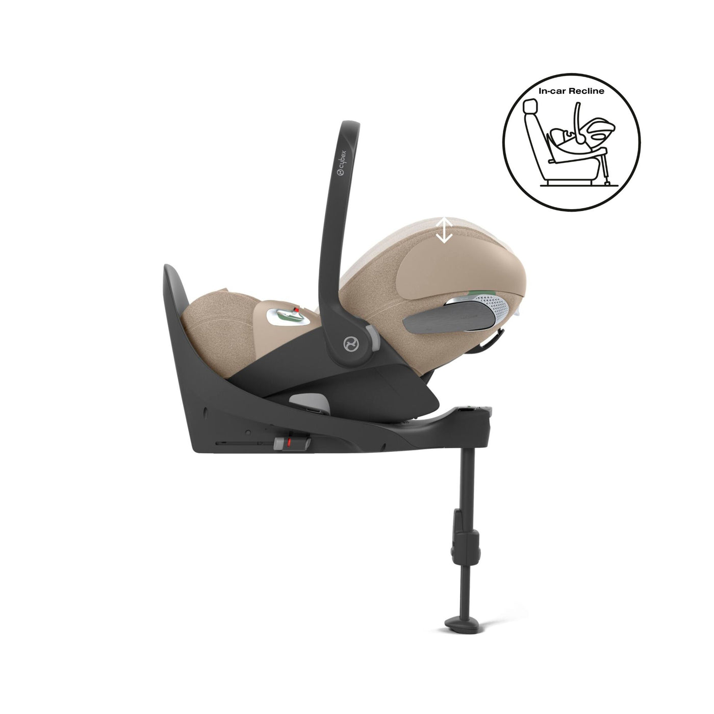 Cybex Cloud T i-size car seat cosy beige can lie flat inside car with base T