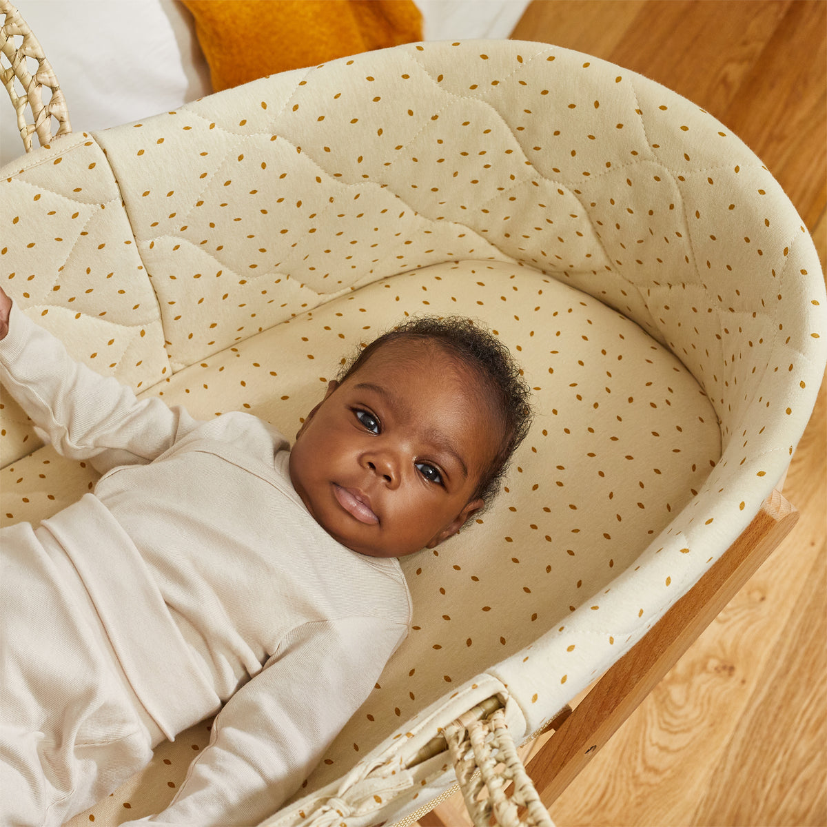 The Little Green Sheep Natural Quilted Moses Basket and Mattress- Linen Rice