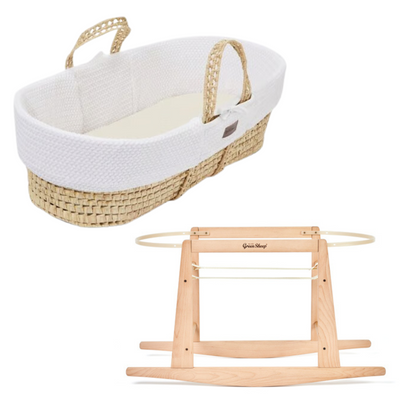 The Little Green Sheep Cable Wheat Knit Moses Basket, Mattress + Stand- White