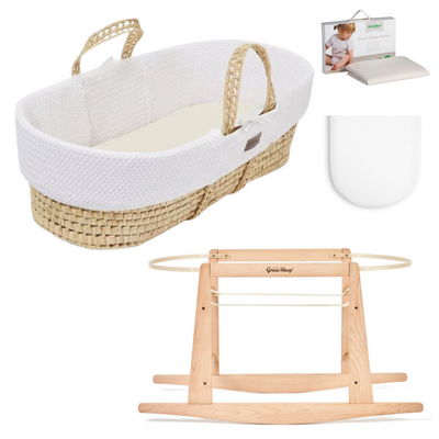 The Little Green Sheep Cable Wheat Knit Moses Basket Essential Bundle- White