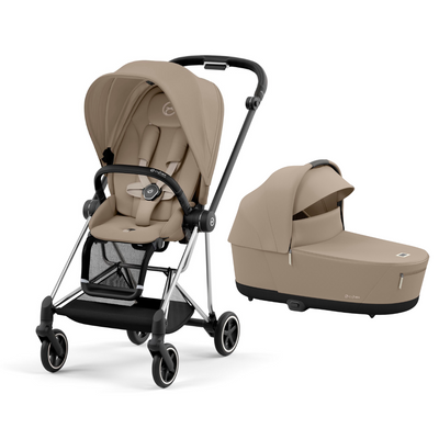 Cybex mios cozy beige stroller with chrome and black frame and lux carrycot in cozy beige 