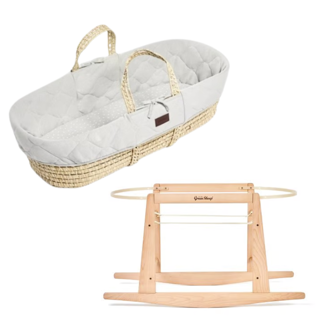 The Little Green Sheep Natural Quilted Moses Basket, Mattress & Stand- Dove