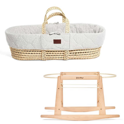 The Little Green Sheep Natural Quilted Moses Basket, Mattress & Stand- Dove Rice