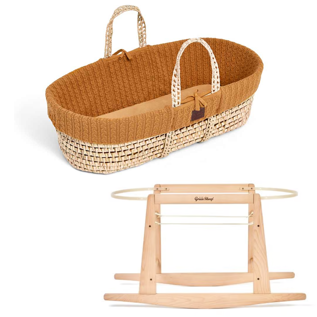 The Little Green Sheep Natural Knitted Moses Basket, Mattress & Stand- Honey