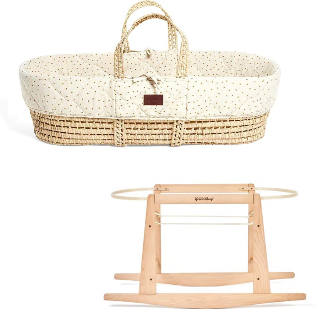 The Little Green Sheep Natural Quilted Moses Basket, Mattress & Stand- Linen Rice