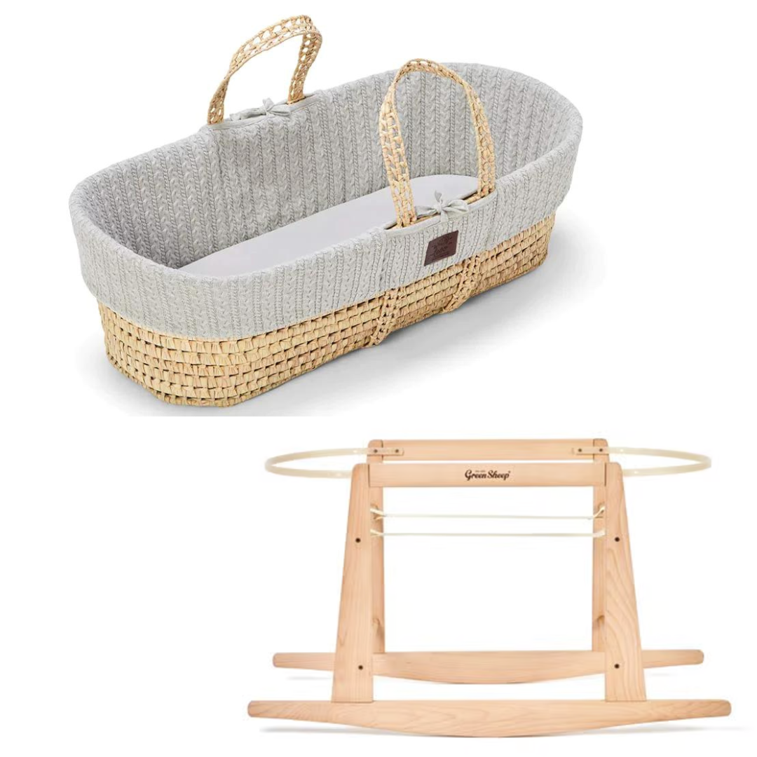 The Little Green Sheep Natural Knitted Moses Basket, Mattress & Stand- Dove