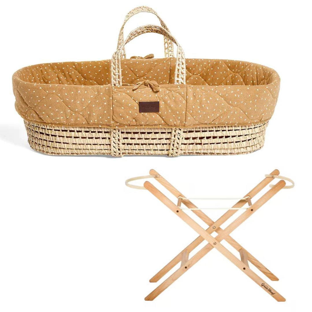 The Little Green Sheep Natural Quilted Moses Basket, Mattress & Stand- Honey Rice