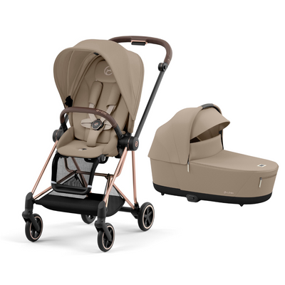Cybex mios Cozy Beige and rose gold frame with matching cozy beige lux carrycot 
