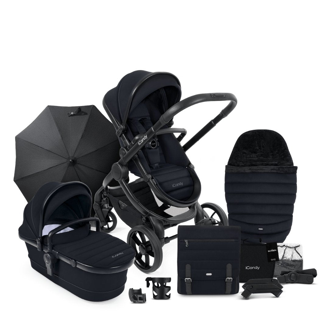 iCandy Peach 7 Pushchair, Carrycot + Accessories- Black Edition - Bundle Baby